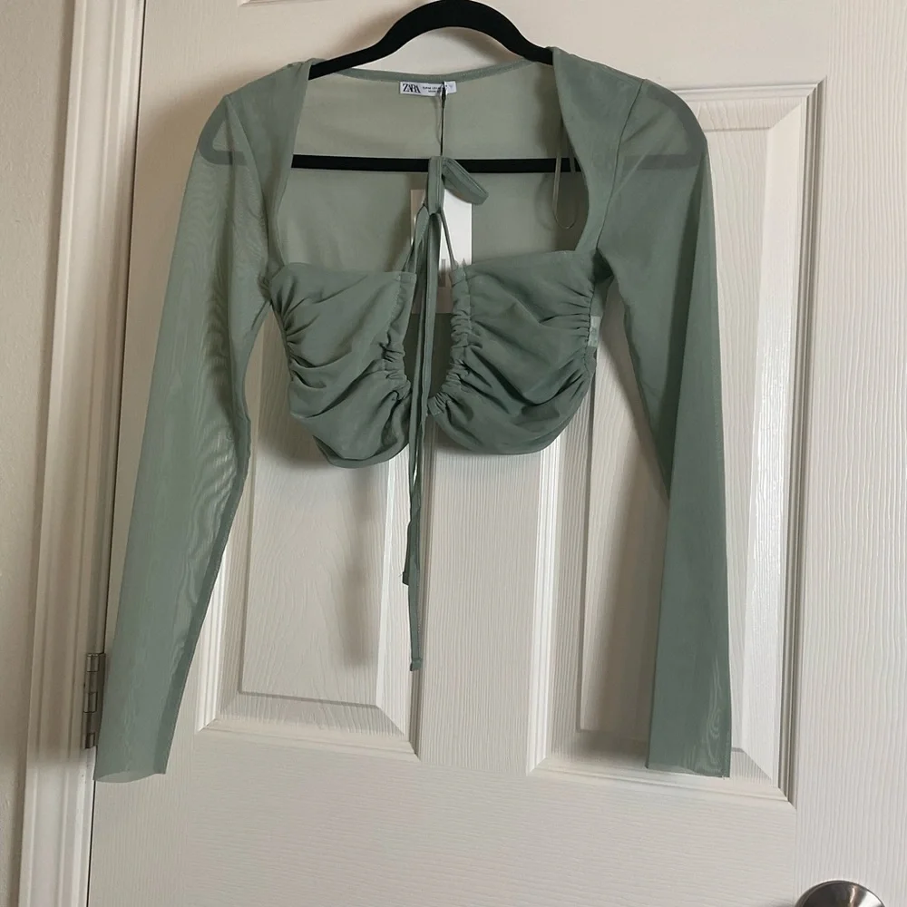 ZARA TULLE RUCHED CROP TOP NWT Long Sleeve Crisscross Straps M